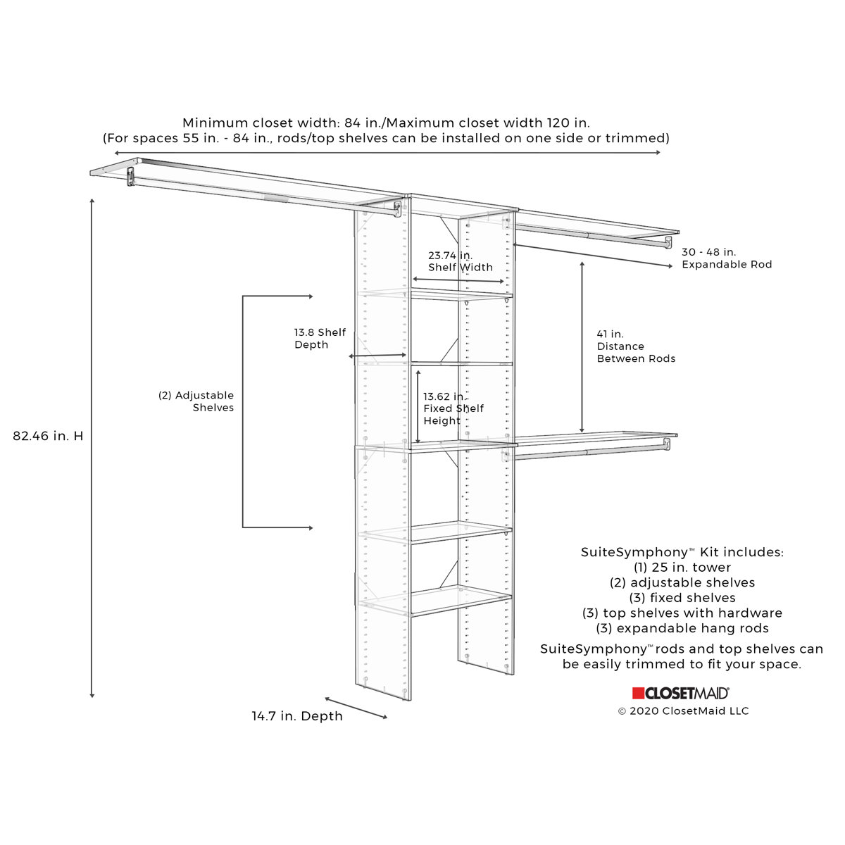 ClosetMaid SuiteSymphony 84" W 120" W Closet System Kit with Top
